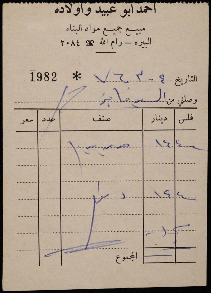 An Invoice from Ahmad abu Obeid & Sons Shop, al-Bireh, 4 March 1976