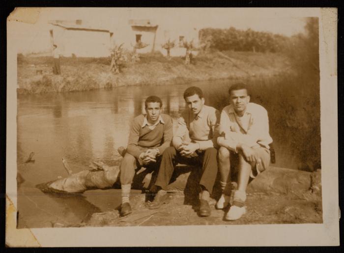Emil Costandi with His Teacher and Classmate at the Orchard of Taher Salah, Yafa, 1947