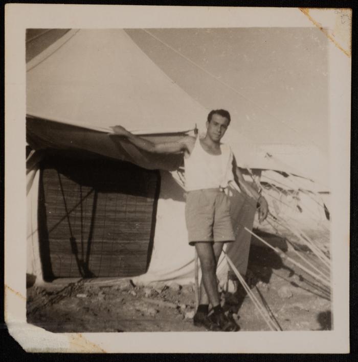 Emil Costandi in front of His Tent, Qatar, 1949
