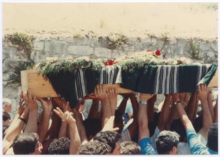 Mourners Raising the Casket of Shaheed Omar al-Qasim, Jerusalem, 6 June 1989
