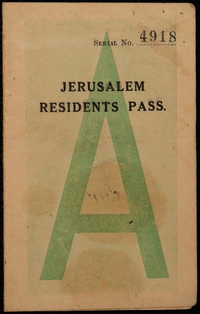 بطاقة مرور لسكان القدس صادرة لنظيرة زخريا، 10 تموز 1947