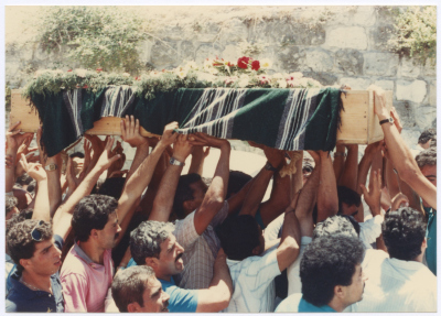 Mourners Raising the Casket of Shaheed Omar al-Qasim, Jerusalem, 6 June 1989