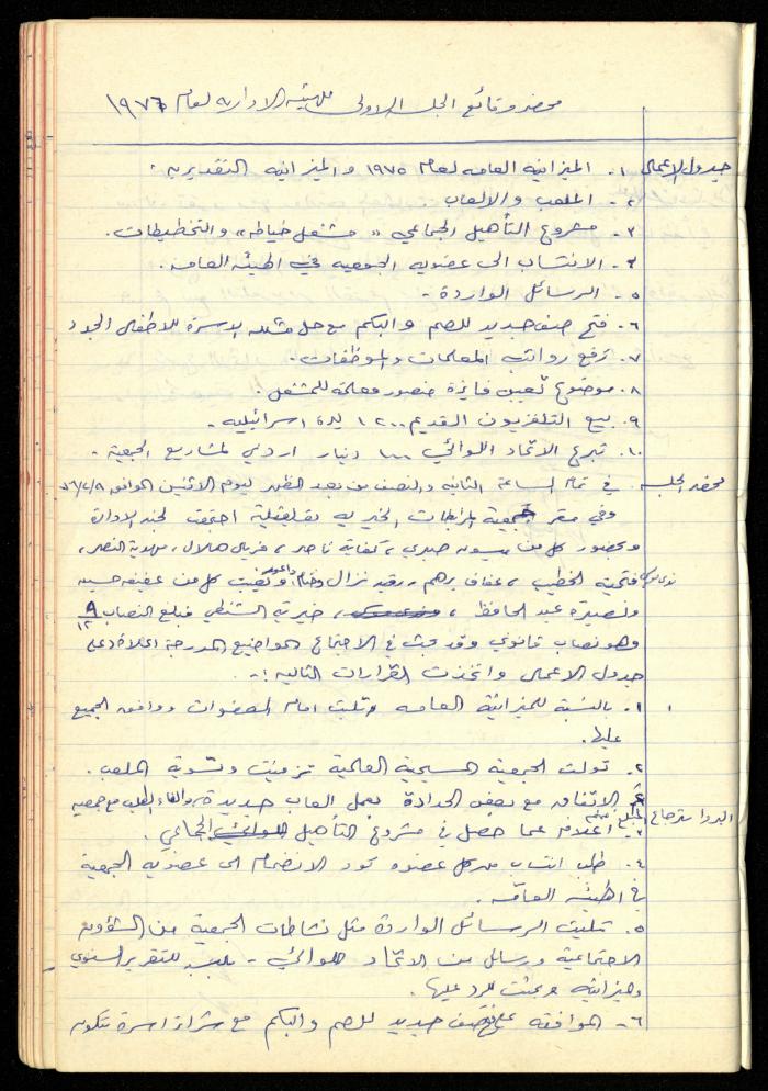 A Meetings' Record of the Administrative and General Bodies of al-Murabitat Charitable Society, Qalqilya, 1974-1980