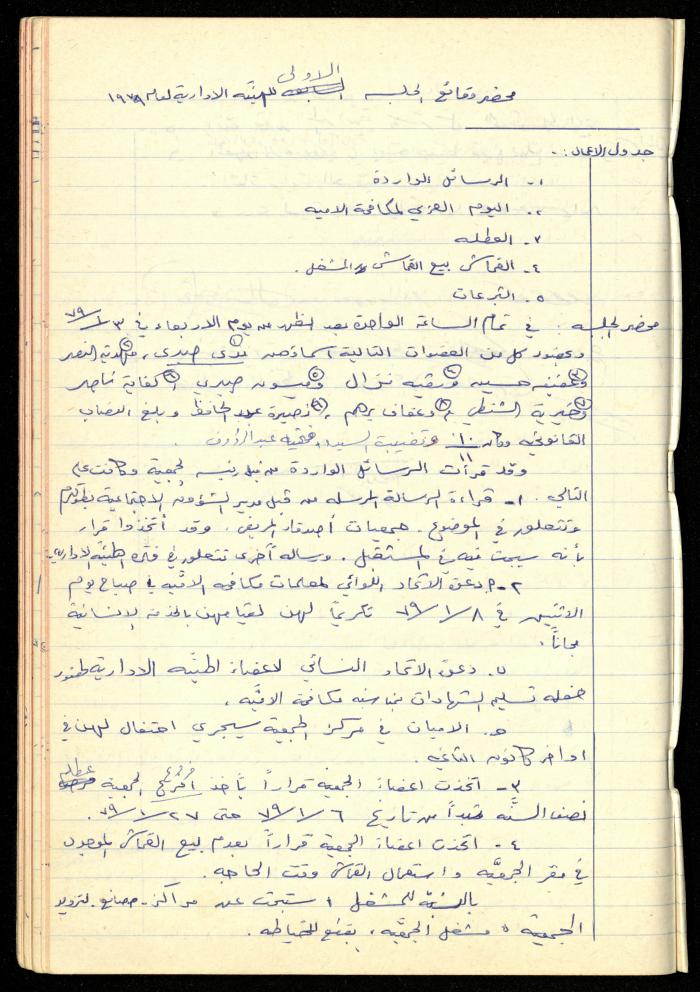 A Meetings' Record of the Administrative and General Bodies of al-Murabitat Charitable Society, Qalqilya, 1974-1980