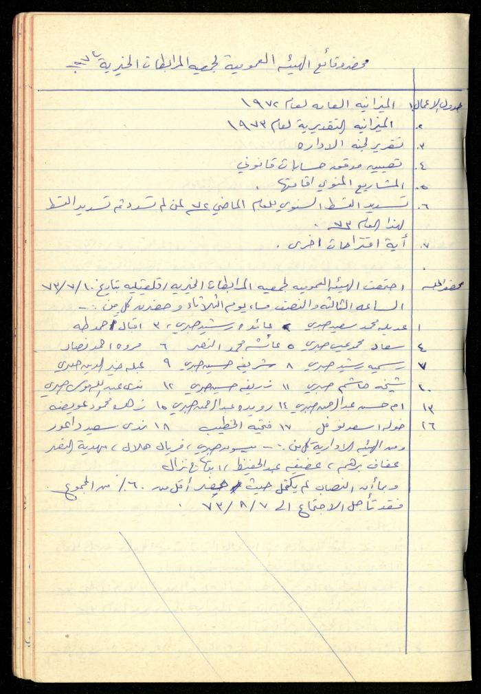 A Meetings' Record of the Administrative and General Bodies of al-Murabitat Charitable Society, Qalqilya, 1974-1980