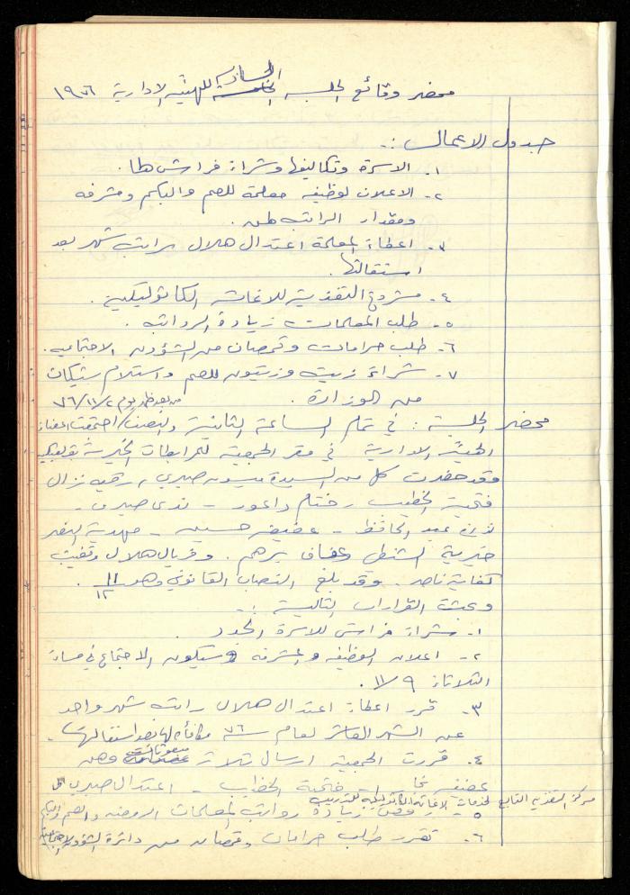 A Meetings' Record of the Administrative and General Bodies of al-Murabitat Charitable Society, Qalqilya, 1974-1980