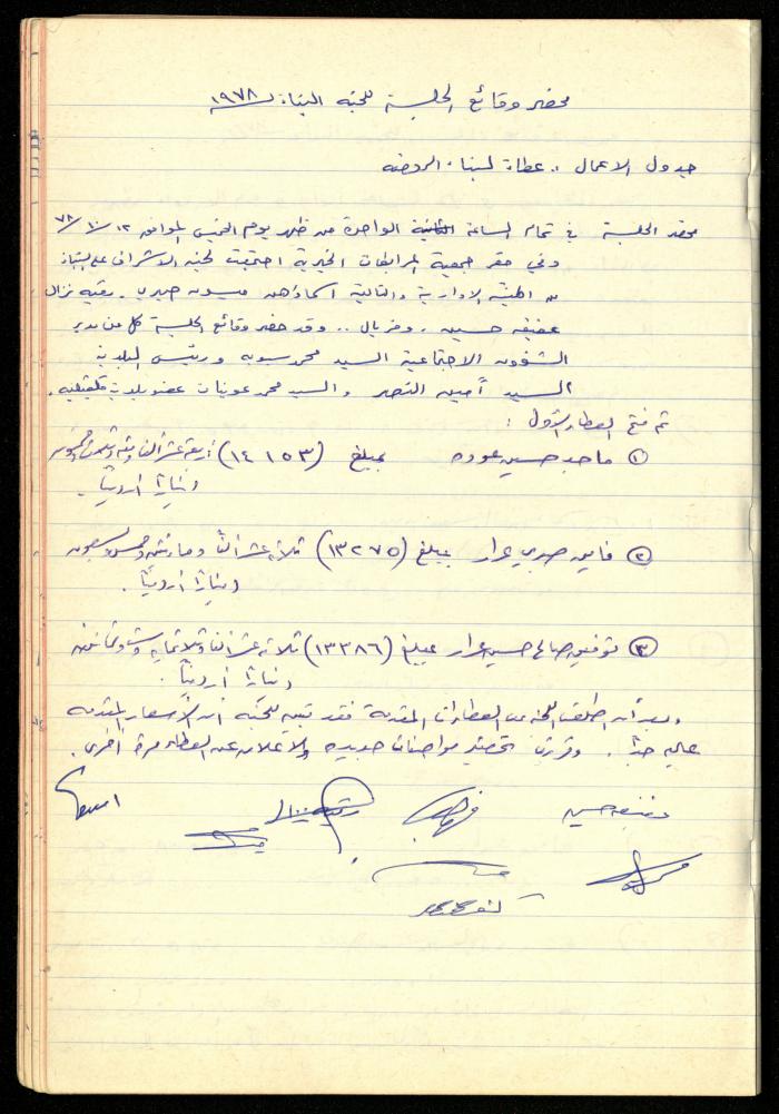 A Meetings' Record of the Administrative and General Bodies of al-Murabitat Charitable Society, Qalqilya, 1974-1980