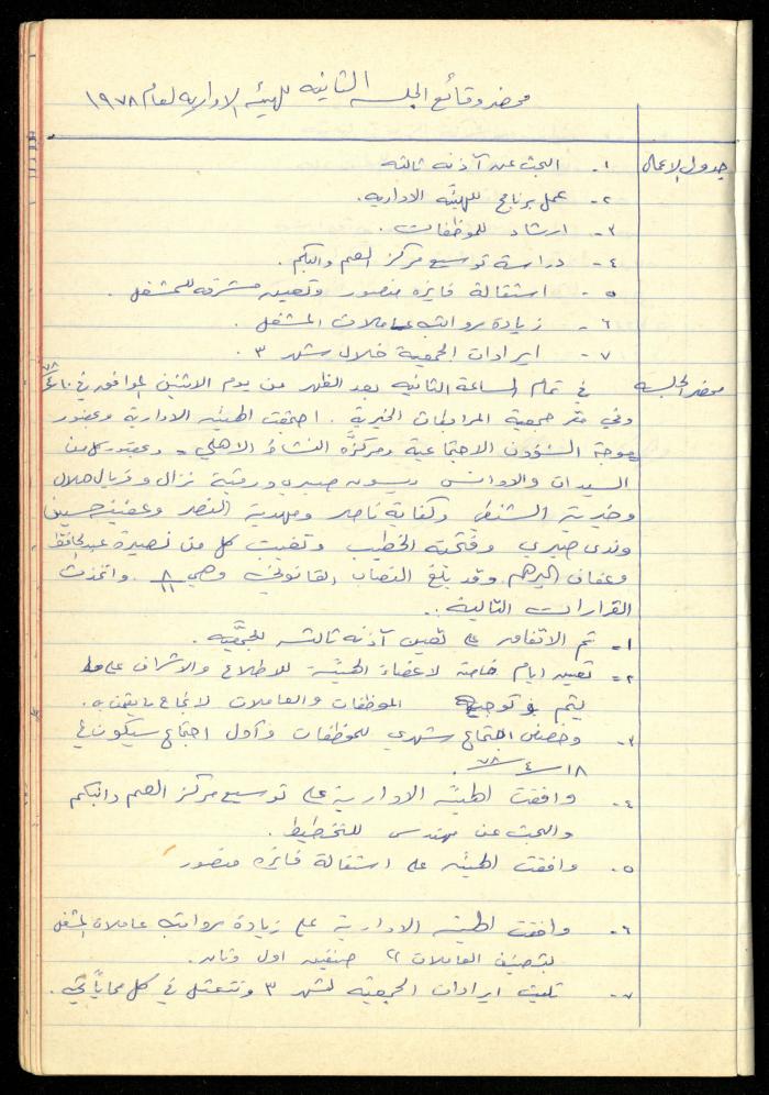 A Meetings' Record of the Administrative and General Bodies of al-Murabitat Charitable Society, Qalqilya, 1974-1980