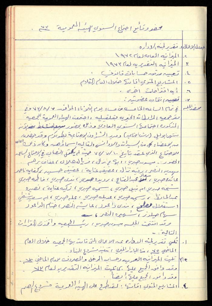 A Meetings' Record of the Administrative and General Bodies of al-Murabitat Charitable Society, Qalqilya, 1974-1980