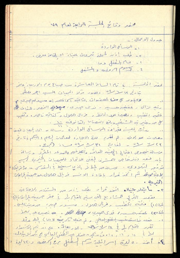 A Meetings' Record of the Administrative and General Bodies of al-Murabitat Charitable Society, Qalqilya, 1974-1980