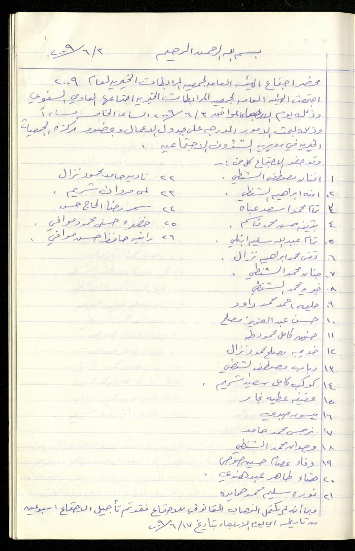 A Record of the Meetings of al-Murabitat Charitable Society General Assembly, Qalqilya, 1981-2016