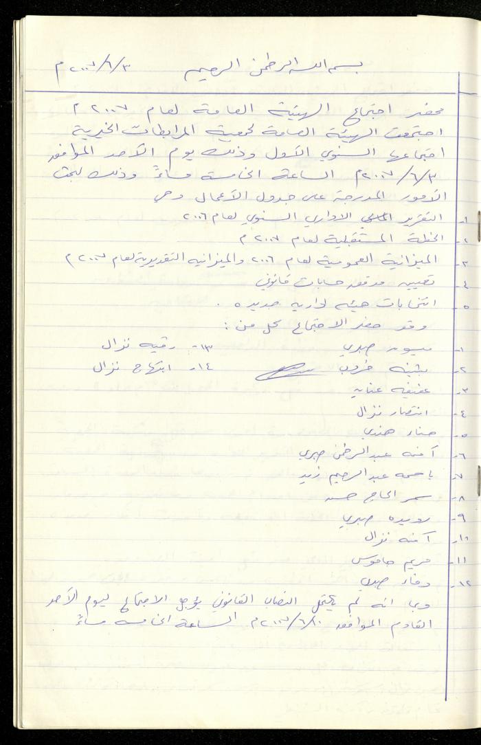A Record of the Meetings of al-Murabitat Charitable Society General Assembly, Qalqilya, 1981-2016