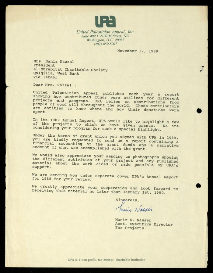 The File of the United Palestinian Appeal, al-Murabitat Charitable Society, 1989-1990