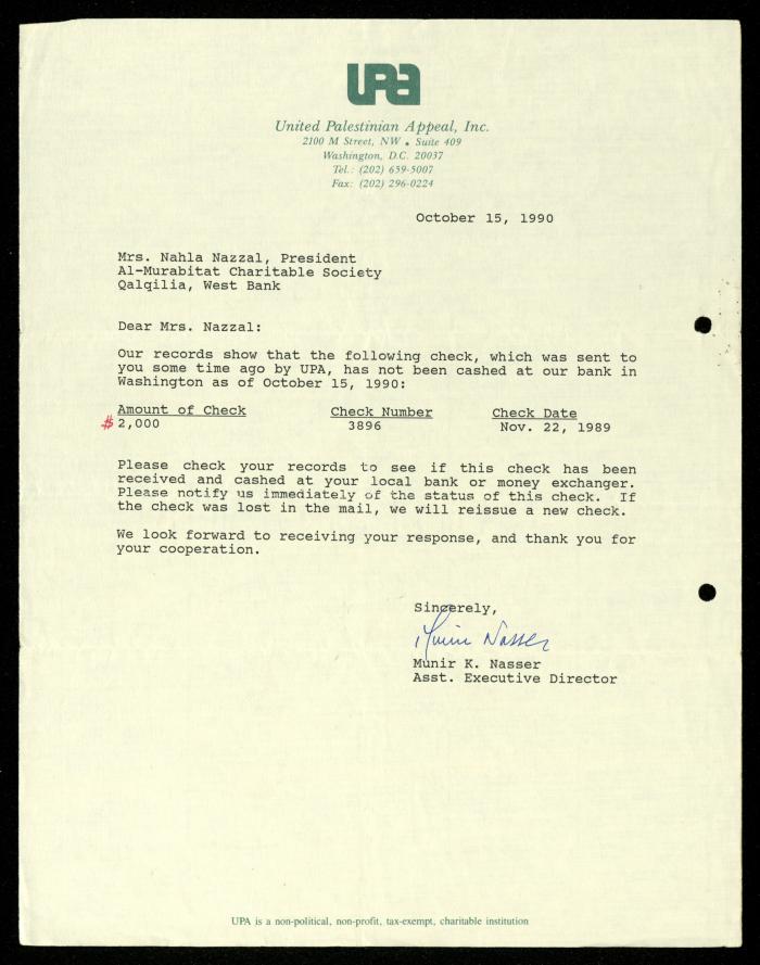 The File of the United Palestinian Appeal, al-Murabitat Charitable Society, 1989-1990