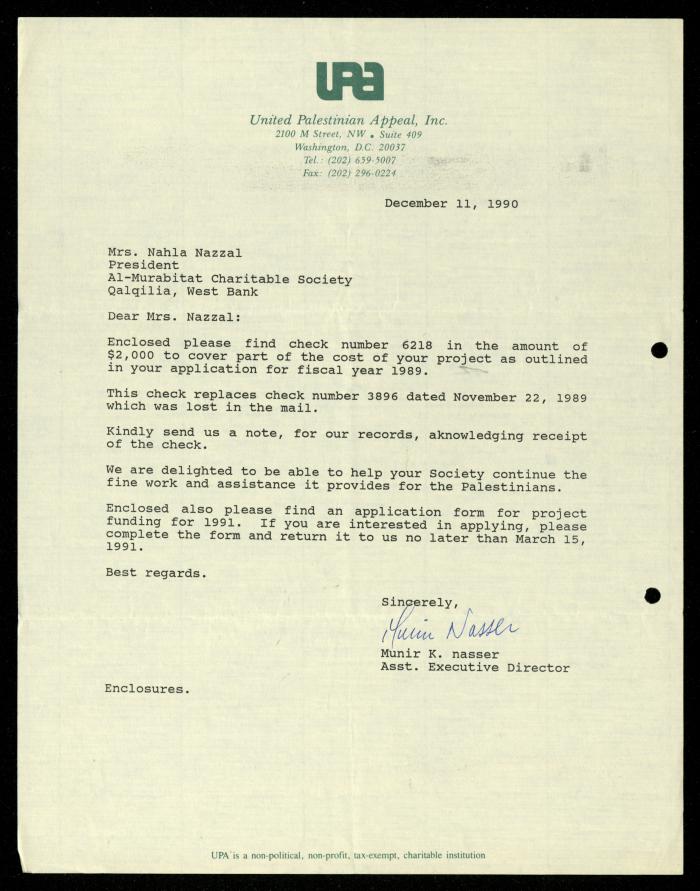 The File of the United Palestinian Appeal, al-Murabitat Charitable Society, 1989-1990