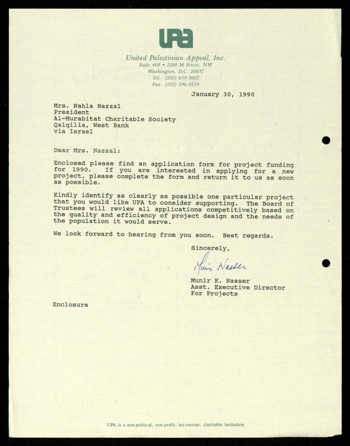 The File of the United Palestinian Appeal, al-Murabitat Charitable Society, 1989-1990