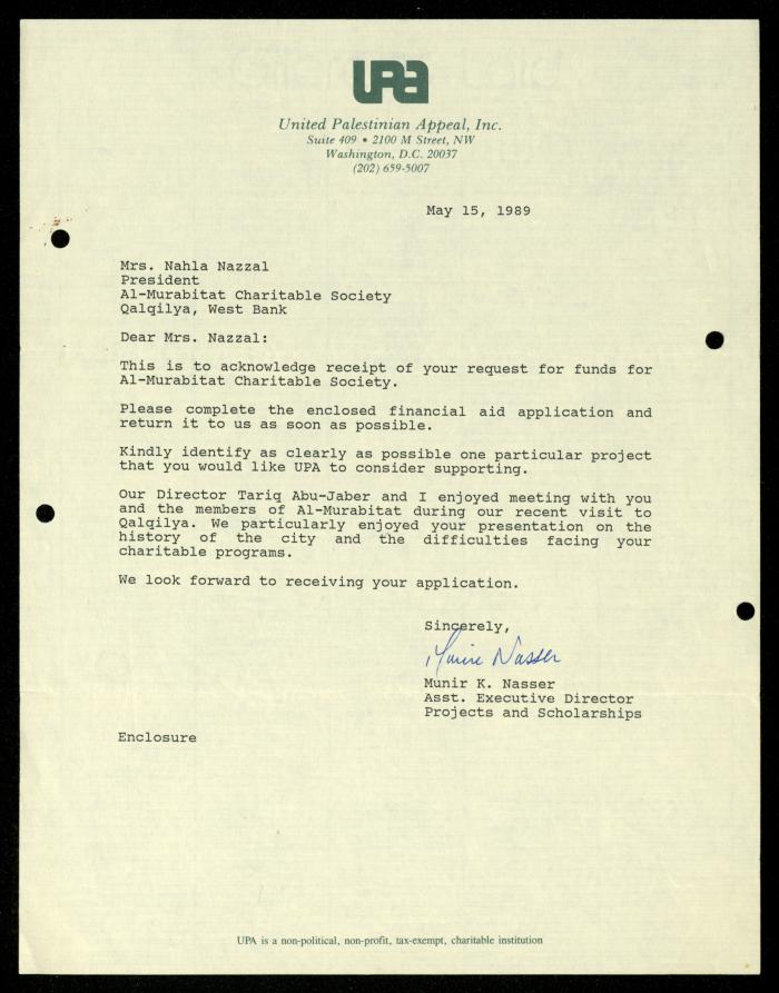 The File of the United Palestinian Appeal, al-Murabitat Charitable Society, 1989-1990