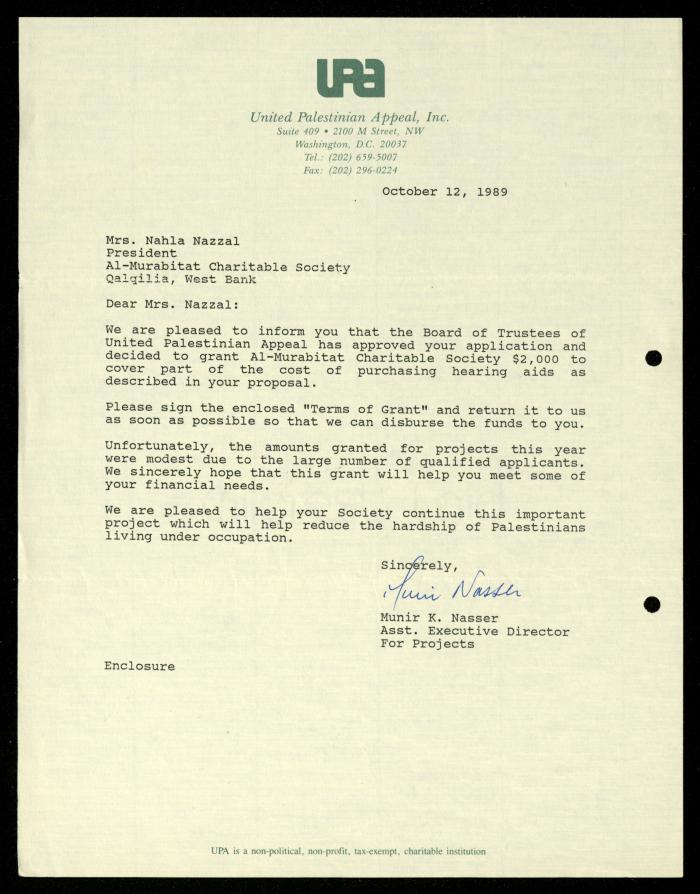 The File of the United Palestinian Appeal, al-Murabitat Charitable Society, 1989-1990