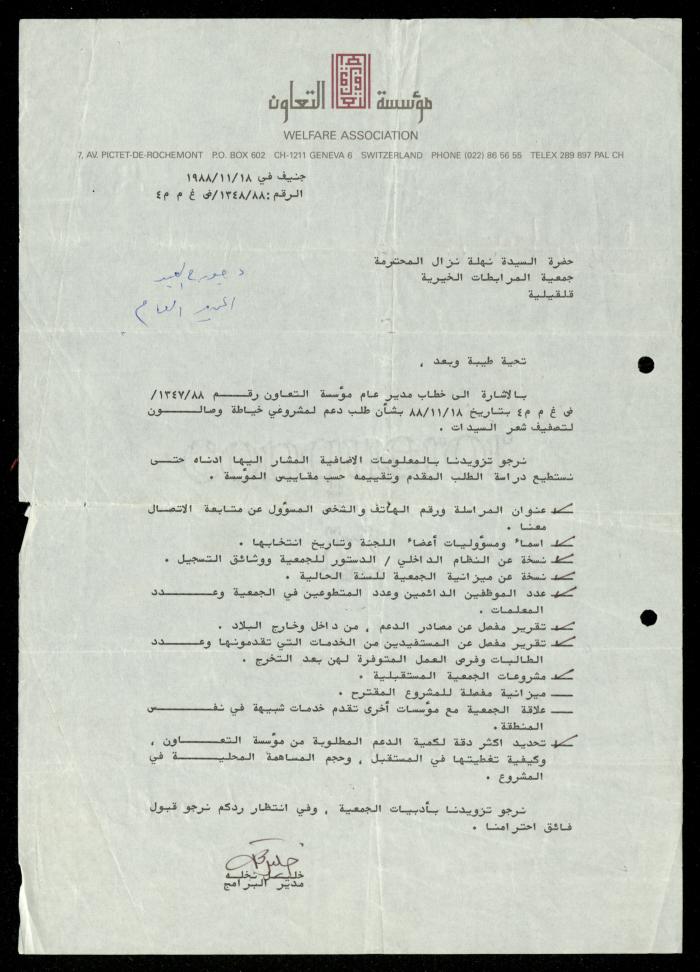 The File of the Welfare Association, al-Murabitat Charitable Society, Qalqilya, 1988-1991