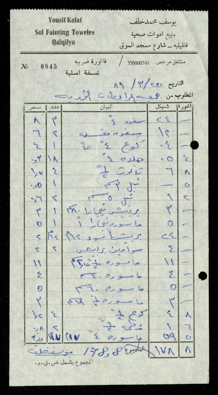 ملف فواتير وسندات قبض وموازنات جمعية المرابطات الخيرية، قلقيلية، 1988-1992