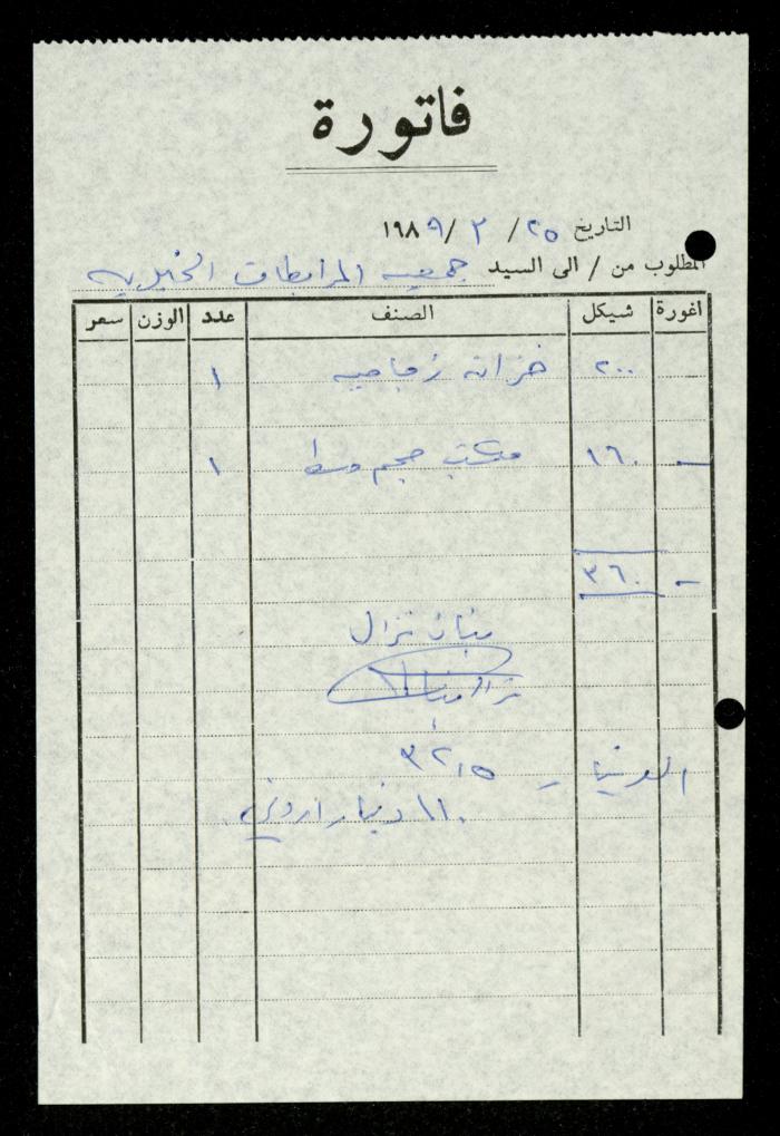 ملف فواتير وسندات قبض وموازنات جمعية المرابطات الخيرية، قلقيلية، 1988-1992