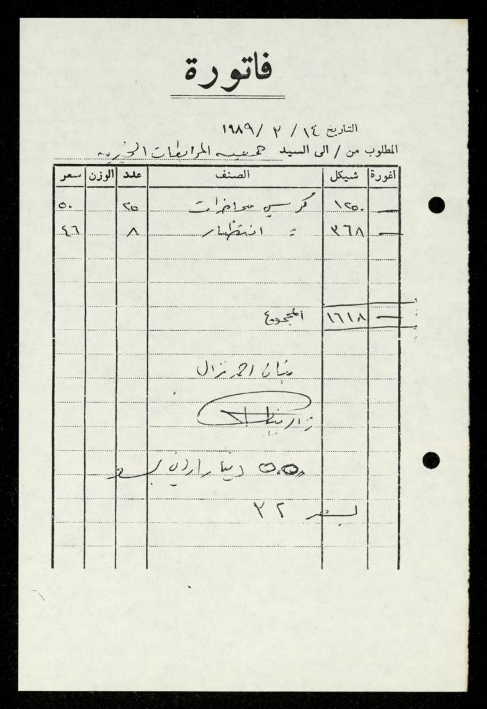 ملف فواتير وسندات قبض وموازنات جمعية المرابطات الخيرية، قلقيلية، 1988-1992