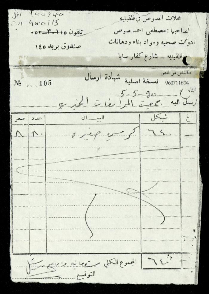 ملف فواتير وسندات قبض وموازنات جمعية المرابطات الخيرية، قلقيلية، 1988-1992