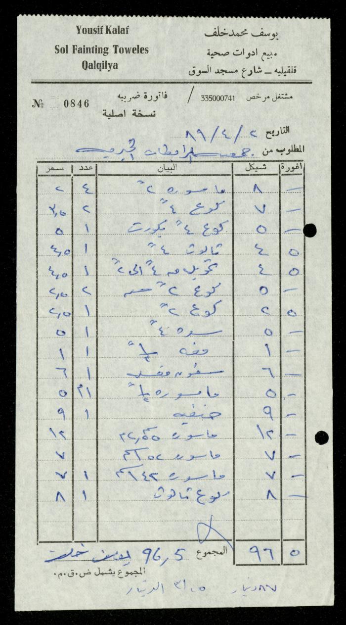 ملف فواتير وسندات قبض وموازنات جمعية المرابطات الخيرية، قلقيلية، 1988-1992