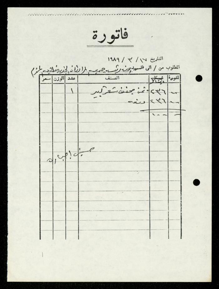 ملف فواتير وسندات قبض وموازنات جمعية المرابطات الخيرية، قلقيلية، 1988-1992
