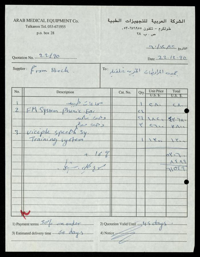 The Tender File for Hearing Aids for the Deaf and Mute, al-Murabitat Charitable Society, Qalqilya, 1990-1992