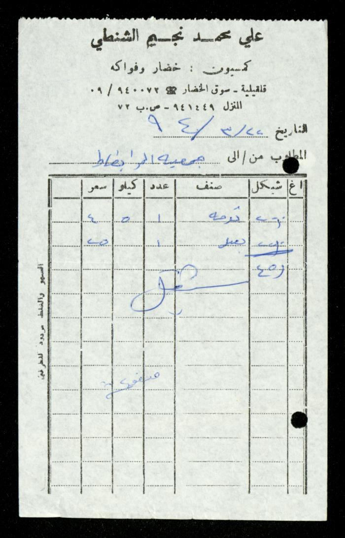 A File of Food Bills, al-Murabitat Charitable Society, Qalqilya, 1994