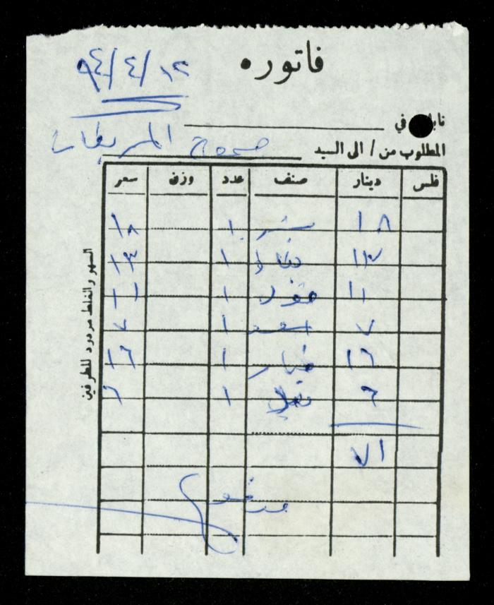 A File of Food Bills, al-Murabitat Charitable Society, Qalqilya, 1994