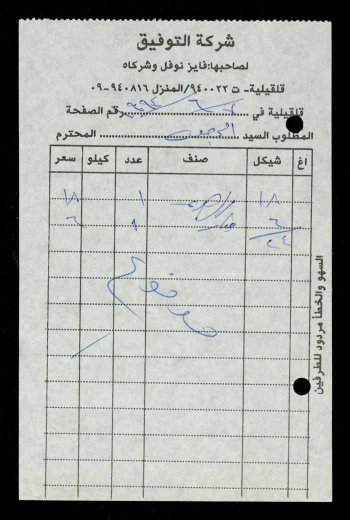 A File of Food Bills, al-Murabitat Charitable Society, Qalqilya, 1994