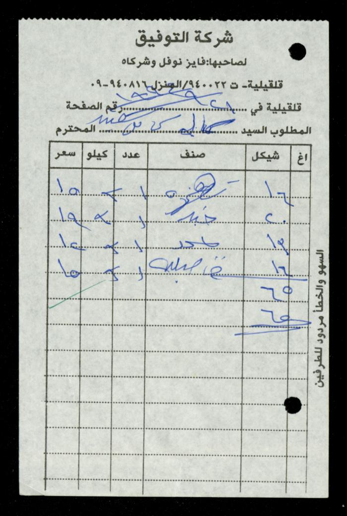 A File of Food Bills, al-Murabitat Charitable Society, Qalqilya, 1994