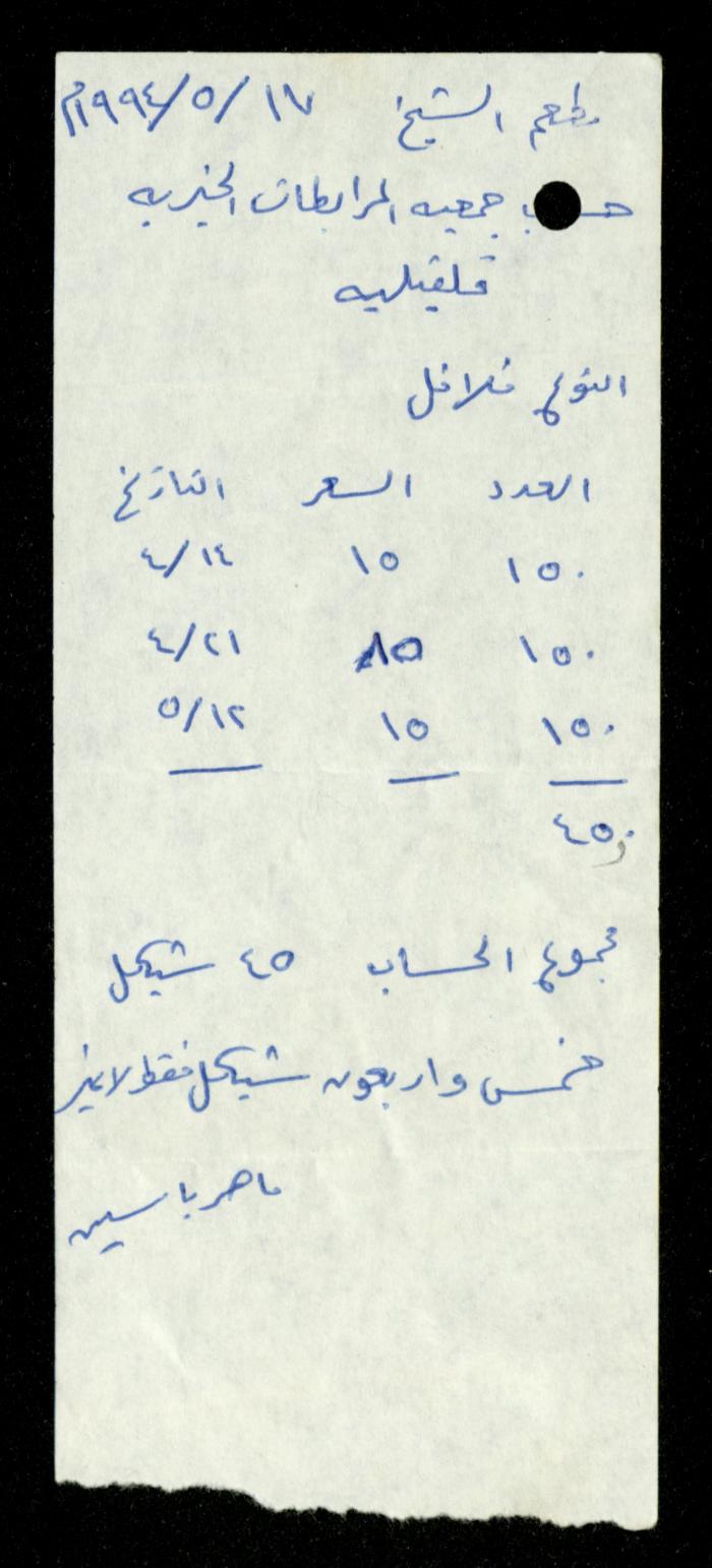 A File of Food Bills, al-Murabitat Charitable Society, Qalqilya, 1994