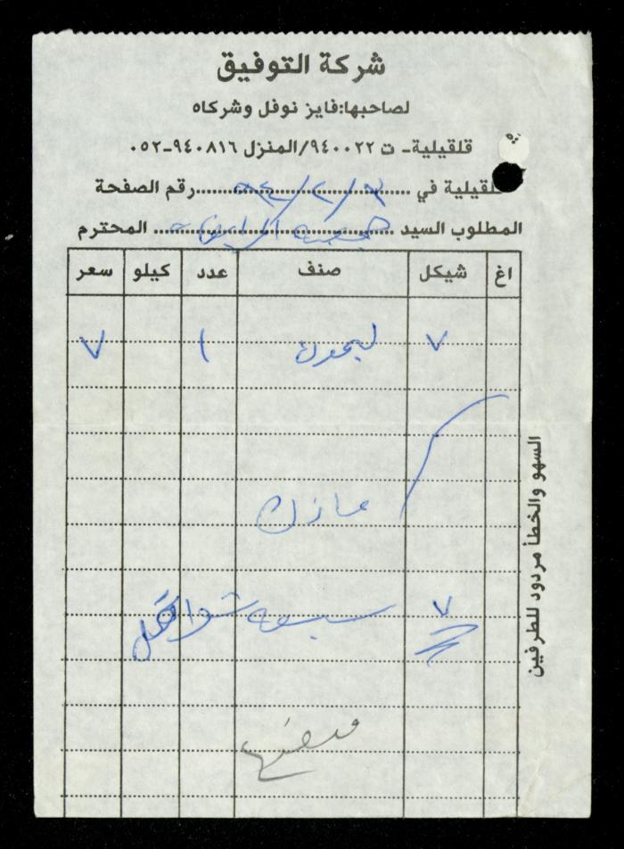 A File of Food Bills, al-Murabitat Charitable Society, Qalqilya, 1994