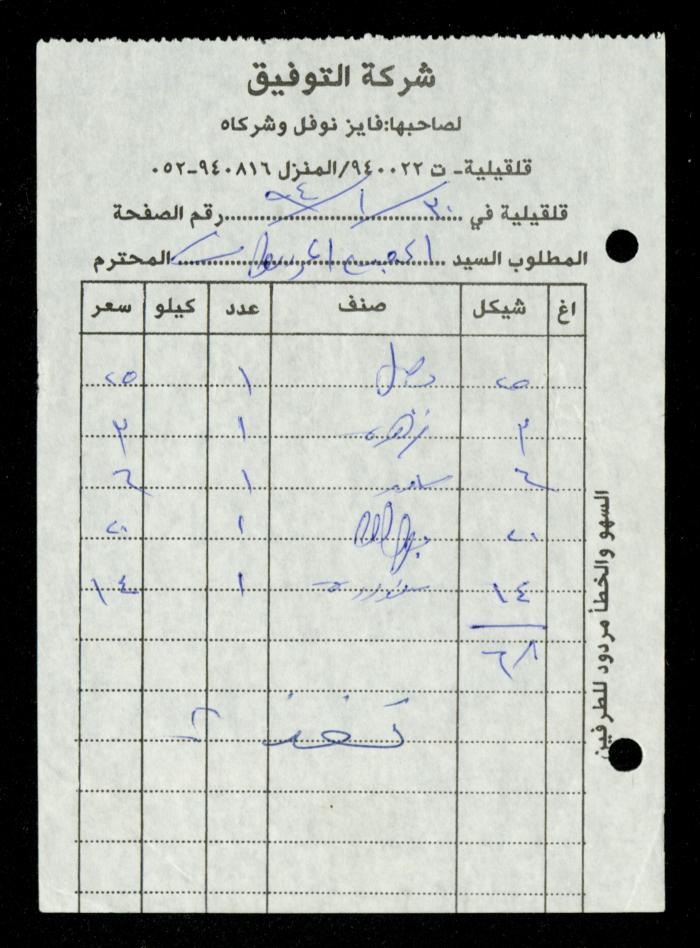 A File of Food Bills, al-Murabitat Charitable Society, Qalqilya, 1994