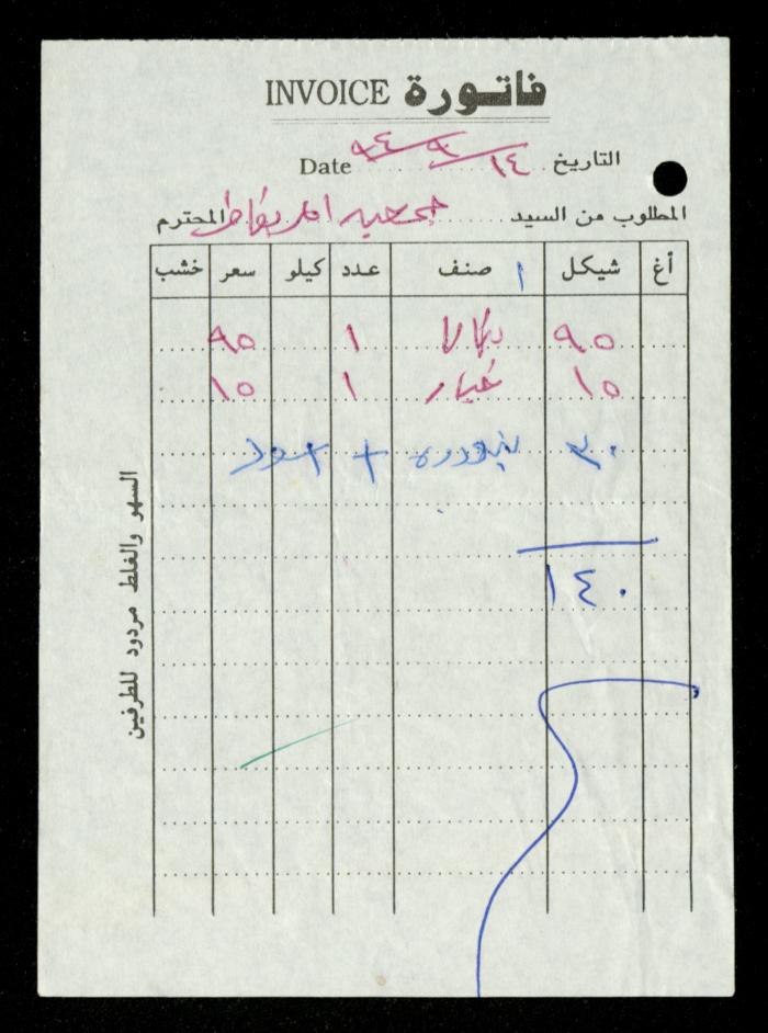A File of Food Bills, al-Murabitat Charitable Society, Qalqilya, 1994