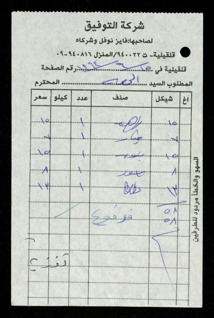 A File of Food Bills, al-Murabitat Charitable Society, Qalqilya, 1994