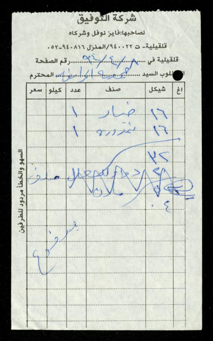 A File of Food Bills, al-Murabitat Charitable Society, Qalqilya, 1994