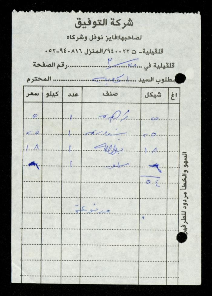 A File of Food Bills, al-Murabitat Charitable Society, Qalqilya, 1994