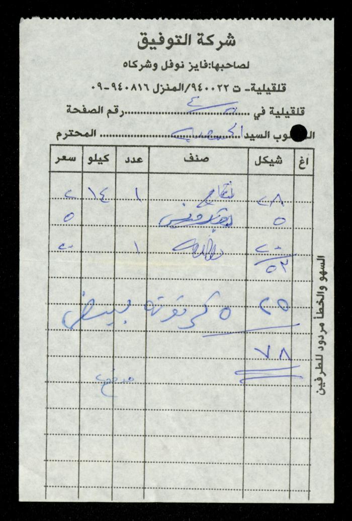 A File of Food Bills, al-Murabitat Charitable Society, Qalqilya, 1994