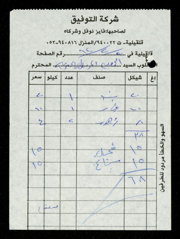 A File of Food Bills, al-Murabitat Charitable Society, Qalqilya, 1994