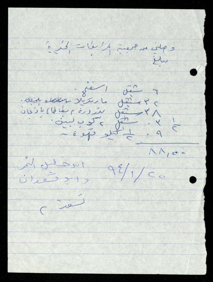 A File of Food Bills, al-Murabitat Charitable Society, Qalqilya, 1994