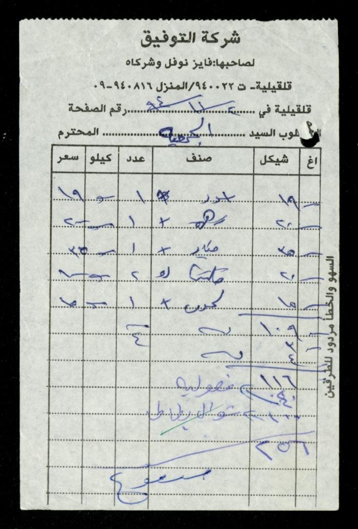 A File of Food Bills, al-Murabitat Charitable Society, Qalqilya, 1994