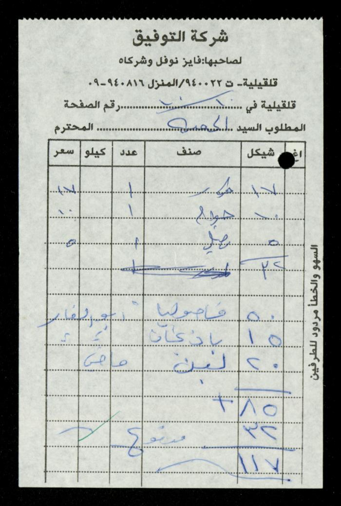 A File of Food Bills, al-Murabitat Charitable Society, Qalqilya, 1994