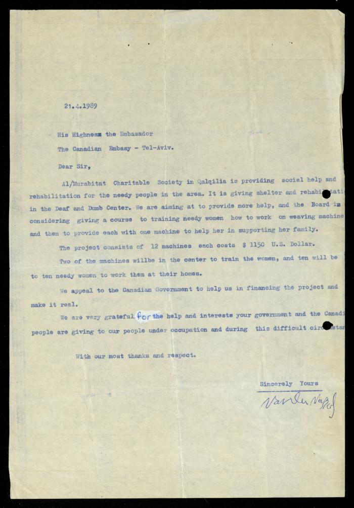 The File of the Canadian Embassy, al-Murabitat Charitable Society, 1989-1992