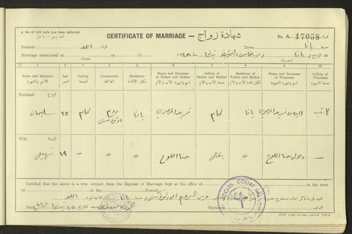 Marriage Certificate Registry, Yafa, 1948