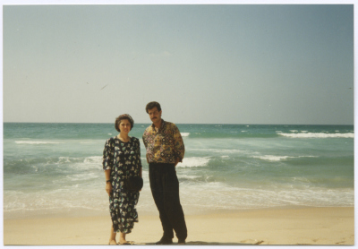 Amal al-Qasim with Mohammad abu Hasna at the Beach, Rafah, the 1990s 
