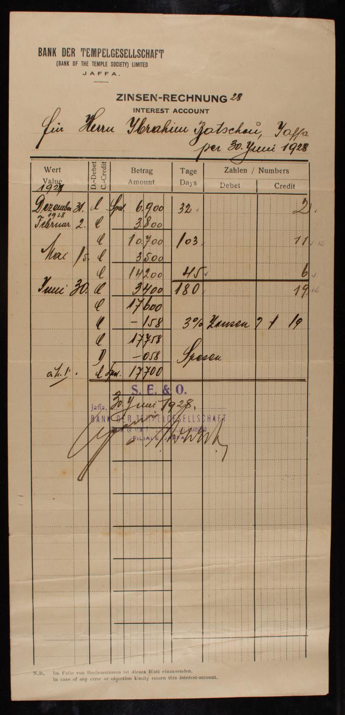 Interest Accounts in the Name of Ibrahim Batshoun, Yafa, the Late 1920s